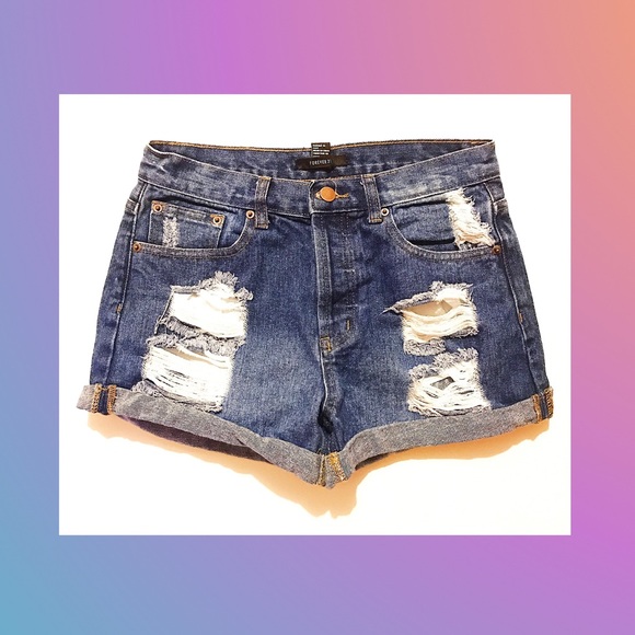 distressed high rise denim shorts